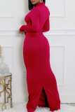 Red Elegant Solid Color Slit Oblique Collar Long Dresses