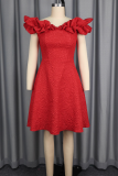 Red Elegant Solid Color Off Shoulder A Line Dresses