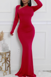 Red Elegant Solid Color Slit Oblique Collar Long Dresses