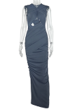Black Sexy Solid Color Hollow Out O Neck Long Dresses