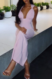 Pink Casual Solid Color Ruched V Neck Long Dresses