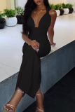 Pink Casual Solid Color Ruched V Neck Long Dresses