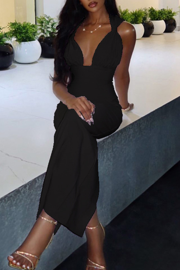 Black Casual Solid Color Ruched V Neck Long Dresses