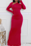 Red Elegant Solid Color Slit Oblique Collar Long Dresses