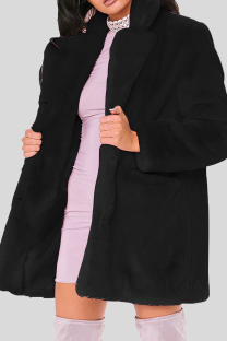 Black Casual Solid Color Fluffy Turndown Collar Plus Size Overcoat