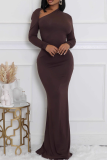 Red Elegant Solid Color Slit Oblique Collar Long Dresses