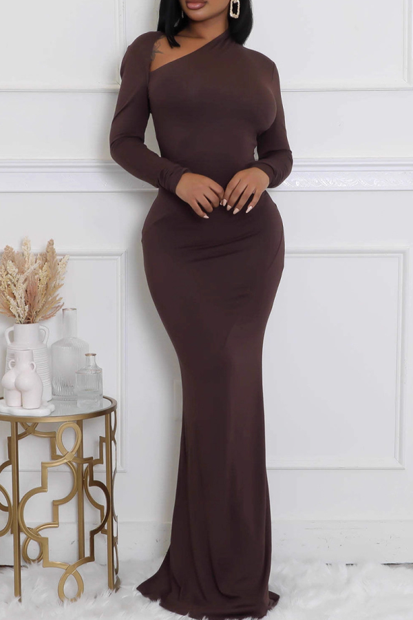 Brown Elegant Solid Color Slit Oblique Collar Long Dresses