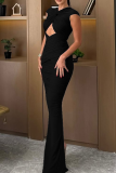 Black Sexy Solid Color Hollow Out O Neck Long Dresses