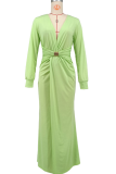 Light Green Elegant Solid Color Slit Deep V Neck Long Dresses