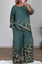 Green Casual Print Patchwork O Neck Plus Size Two Pieces