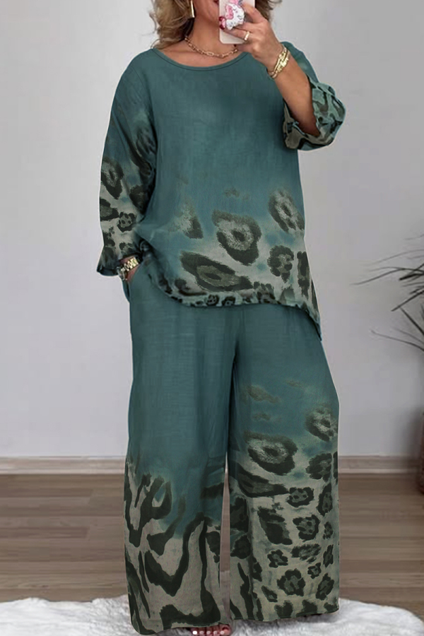 Green Casual Print Patchwork O Neck Plus Size Two Pieces
