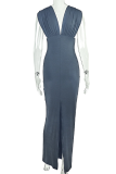 Pink Casual Solid Color Ruched V Neck Long Dresses