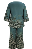 Green Casual Print Patchwork O Neck Plus Size Two Pieces