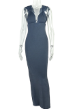 Pink Casual Solid Color Ruched V Neck Long Dresses