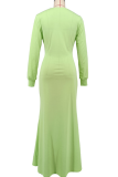 Light Green Elegant Solid Color Slit Deep V Neck Long Dresses