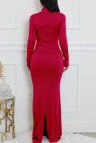 Red Elegant Solid Color Slit Oblique Collar Long Dresses