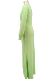 Light Green Elegant Solid Color Slit Deep V Neck Long Dresses