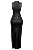 Black Elegant Solid Color Slit Turtleneck Long Dresses