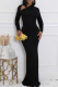 Black Elegant Solid Color Slit Oblique Collar Long Dresses
