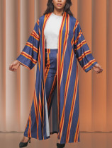 Orange Casual Stripe Patchwork Cardigan Collar Long Sleeve Two Pieces