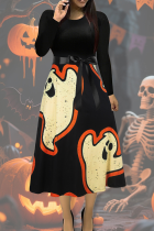 Black Casual Print Bow Decor O Neck Long Dresses