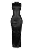 Black Elegant Solid Color Slit Turtleneck Long Dresses