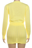 Yellow Casual Solid Color Buckle O Neck Long Sleeve Two Pieces