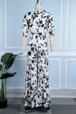Orange Casual Daily Floral Bandage Patchwork Printing Stringy Selvedge Smocking V Neck Half Sleeve Two Pieces