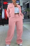 Pink Casual Solid Color Zipper Zipper Collar Long Sleeve Two Pieces