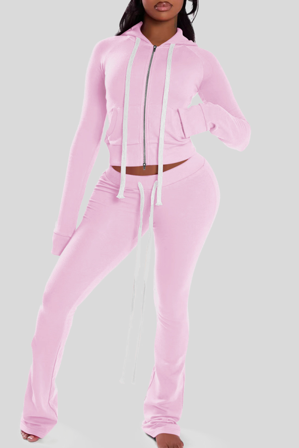 Pink Casual Solid Color Draw String Hooded Long Sleeve Two Pieces