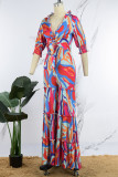 Orange Casual Daily Floral Bandage Patchwork Printing Stringy Selvedge Smocking V Neck Half Sleeve Two Pieces