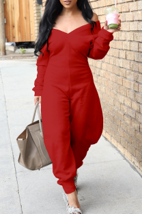 Red Casual Solid Color Patchwork V Neck Regular Jumpsuits