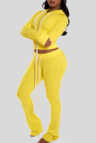 Pink Casual Solid Color Draw String Hooded Long Sleeve Two Pieces