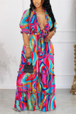 Orange Casual Daily Floral Bandage Patchwork Printing Stringy Selvedge Smocking V Neck Half Sleeve Two Pieces
