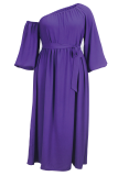 Purple Elegant Solid Color Strap Design Oblique Collar Long Plus Size Dresses