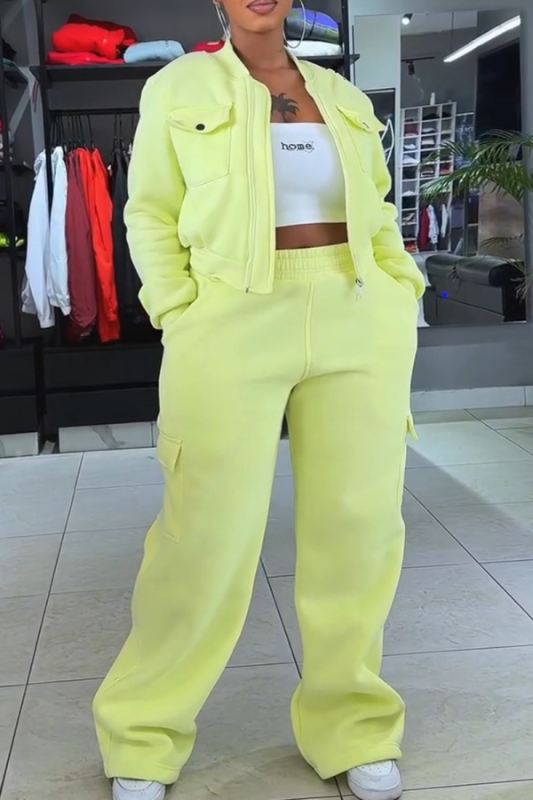 Fluorescent Green Casual Solid Color Zipper Zipper Collar Long Sleeve Two Pieces