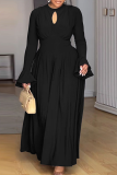 Black Elegant Solid Color Hollow Out O Neck Long Plus Size Dresses