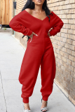 Red Casual Solid Color Patchwork V Neck Regular Jumpsuits