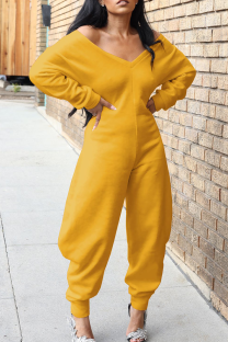 Yellow Casual Solid Color Patchwork V Neck Regular Jumpsuits
