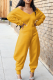 Yellow Casual Solid Color Patchwork V Neck Regular Jumpsuits