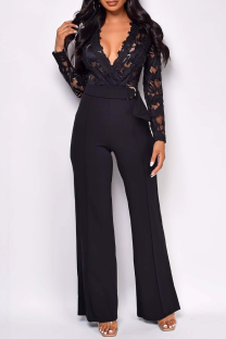Black Casual Solid Color Lace With Belt V Neck Regular Jumpsuits