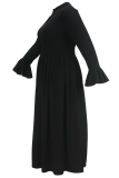 Black Elegant Solid Color Hollow Out O Neck Long Plus Size Dresses