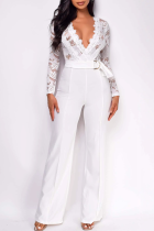 White Casual Solid Color Lace With Belt V Neck Regular Jumpsuits