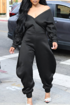 Black Casual Solid Color Patchwork V Neck Regular Jumpsuits