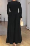 Black Elegant Solid Color Hollow Out O Neck Long Plus Size Dresses