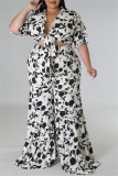 Orange Casual Daily Floral Bandage Patchwork Printing Stringy Selvedge Smocking V Neck Half Sleeve Two Pieces