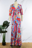 Orange Casual Daily Floral Bandage Patchwork Printing Stringy Selvedge Smocking V Neck Half Sleeve Two Pieces