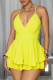 Yellow Sexy Solid Color Patchwork Spaghetti Strap Sling Dresses