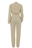 Khaki Casual Solid Color Buckle O Neck Long Sleeve Two Pieces