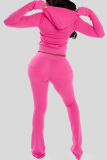 Pink Casual Solid Color Draw String Hooded Long Sleeve Two Pieces